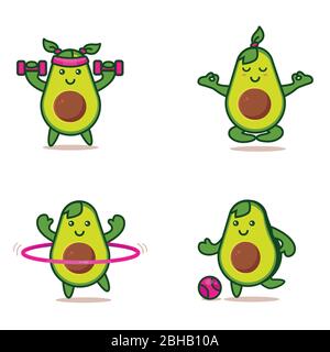 Carino Avocado cartoon personaggio facendo esercizi. Illustrazione Vettoriale