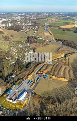 Vista aerea, cantiere del ponte di Angerbach, autostrada A44, Bellscheidt, Heiligenhaus, area della Ruhr, Renania Settentrionale-Vestfalia, Germania Foto Stock