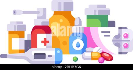 Vari farmaci in bottiglie e scatole. Pillole, spray alla gola, gocce nasali. Concetto di medicina Illustrazione Vettoriale