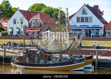 Germania, bassa Sassonia, Ostfriesland, Greetsiel, granchio taglierina nel porto. Foto Stock