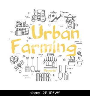 Banner vettoriale lineare con segno giallo Urban Farming Illustrazione Vettoriale