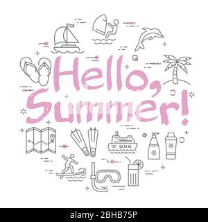 Vettore icone colorate del banner estate con testo Ciao estate Illustrazione Vettoriale
