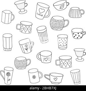 Disegno vettoriale senza cuciture con tisane, nero su sfondo bianco, isolato, con disegni, varie forme, stile Doodle. Adatto per tessuto, packagin Illustrazione Vettoriale