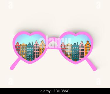 Occhiali a specchio rosa a forma di cuore con vecchi edifici europei. Concetto di viaggio Illustrazione Vettoriale