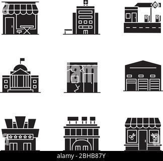 Esterni di edifici urbani icone glyph nero posto su spazio bianco Illustrazione Vettoriale