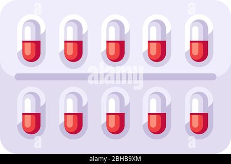 Capsule rosse in blister. Illustrazione piatta della medicina Illustrazione Vettoriale