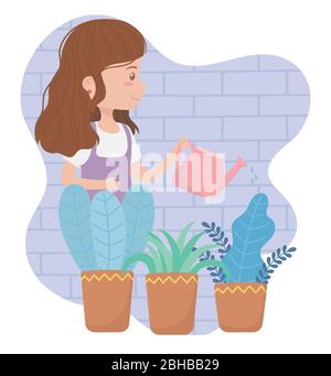 soggiorno a casa, giovane donna con annaffiatoio lattina e piante in vaso giardinaggio illustrazione vettoriale Illustrazione Vettoriale