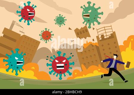 Uomo d'affari scappare da malattia patogena del virus COVID-19, rischio o pericolo nel concetto di crisi del virus. Illustrazione Vettoriale