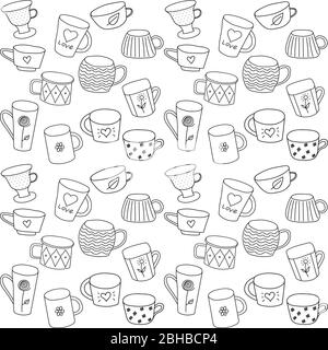 Disegno vettoriale senza cuciture con tisane, nero su sfondo bianco, isolato, con disegni, varie forme, stile Doodle. Adatto per tessuto, packagin Illustrazione Vettoriale