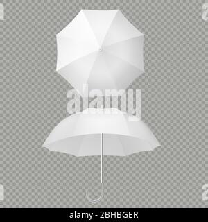 Ombrello bianco e ombrelloni realistici isolati su bianco. Modello di disegno di ombrelloni aperti per mock-up. EPS 10 Illustrazione Vettoriale
