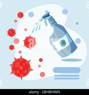 poster con flacone disinfettante, proteggersi adeguatamente contro il disegno vettoriale del coronavirus Illustrazione Vettoriale