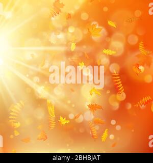 Sfondo autunnale con foglie naturali e luce solare brillante. EPS 10 Illustrazione Vettoriale