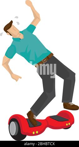 Illustrazione di un uomo che cade da un bordo di hover a due ruote. Concetto di rischio di incidenti per il trasporto elettrico. Parte di ritaglio vettore. Illustrazione Vettoriale