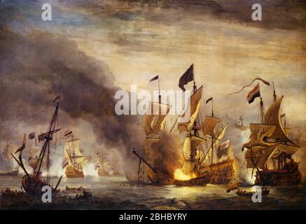 L'incendio del Giacomo reale nella battaglia di Solebay, 28 maggio 1672 - Willem van de Velde il giovane Foto Stock