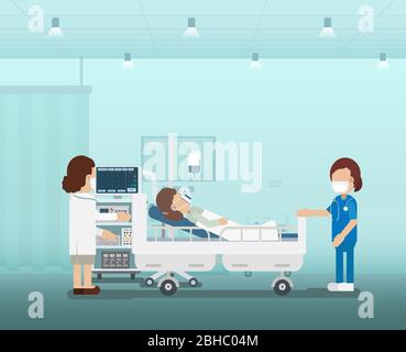 Concetto di assistenza medica con illustrazione vettoriale di progettazione piatta per paziente e ventilatore Illustrazione Vettoriale