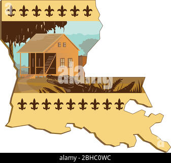 Illustrazione in stile wpa retrò di una casa Cajun e alligatore o gator in primo piano ambientato all'interno del profilo della mappa di stato della Louisiana degli Stati Uniti d'America Illustrazione Vettoriale