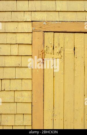 Negozio di articoli da regalo Seagull's Nest. Dettagli in façade verniciati in giallo. Cerniera per porta che supporta una tavola e una porta battente. Legno-conchioni di legno. Nord rustico Porto PEI Foto Stock