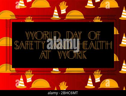 Art Deco World Day of Safety and Health at Work (aprile 28). Biglietto di auguri decorativo, cartello con lettere d'epoca. Illustrazione Vettoriale