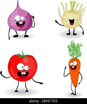 Barbabietole, carote, pomodori. Vegetali caratteri. Alimenti sani. Cibo su sfondo bianco. Vegetarismo.. Illustrazione Vettoriale