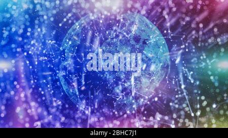 Connessione di rete globale e scambio di dati, comunicazione Internet su sfondo blu città. Foto Stock