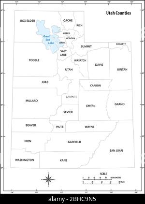 lo stato dello utah delineano la mappa vettoriale amministrativa e politica in bianco e nero Illustrazione Vettoriale