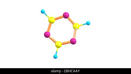 Una triazina è una classe di eterocicli contenenti azoto. La formula molecolare delle molecole madri è C3H3N3. illustrazione 3d Foto Stock