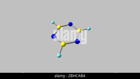 Una triazina è una classe di eterocicli contenenti azoto. La formula molecolare delle molecole madri è C3H3N3. illustrazione 3d Foto Stock