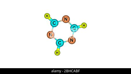 Una triazina è una classe di eterocicli contenenti azoto. La formula molecolare delle molecole madri è C3H3N3. illustrazione 3d Foto Stock