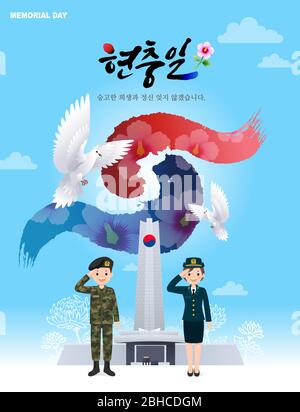 Memorial Day in Corea. I soldati salutano di fronte al monumento. Pigeon e taegeukgi, Korea mappa sfondo design. Giornata commemorativa della Corea, in Corea Transl Illustrazione Vettoriale