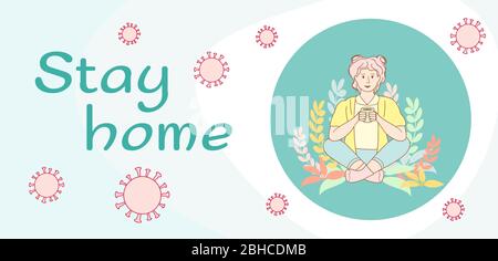 La ragazza siede in una posa di meditazione. Contro il virus Coronavirus Covid 19 nell'aria. Salvare la salute, rimanere a casa. Concetto di prevenzione del coronavirus. Illustrazione vettoriale Illustrazione Vettoriale