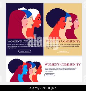 Women community. Young multi ethnic women profile Illustrazione Vettoriale