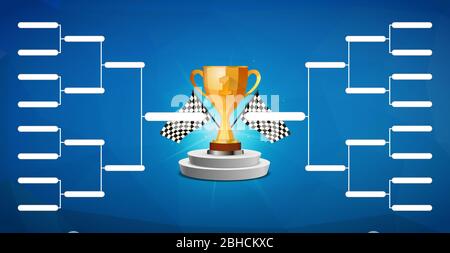 Modello di staffa per 16 squadre con vincitore della Golden Cup premio su sfondo blu Illustrazione Vettoriale
