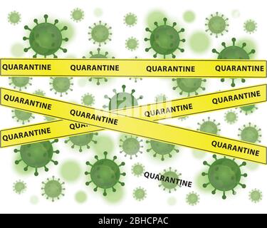 Illustrazione grafica del virus Corona, sfondo di covid-19, virus verde, sfondo bianco, vettore. Simbolo di nastro di avvertenza giallo, cartello di attenzione Illustrazione Vettoriale