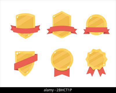 Badge, nastri ed etichette in oro piatto Vector Set. Illustrazione Vettoriale