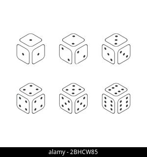 Set di cubi di gioco isolati su bianco, dadi semplici icone in vista isometrica Illustrazione Vettoriale
