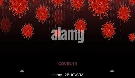 Banner coronavirus, sfondo rosso scuro, covid-19, nuovo coronavirus, 2019-nCoV, batteri, edipemici, pandemici rischio sfondo vettore di illustrazione per eps 10. Illustrazione Vettoriale