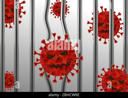 Blocco o quarantena di coronavirus COVID-19, accesso limitato ai combattimenti nazionali con il concetto di focolaio del virus COVID-19. Coronavirus pericoloso scoppi la gabbia. Illustrazione vettoriale realistica per eps10 Illustrazione Vettoriale