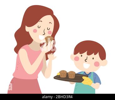 Illustrazione di un ragazzo che porta un vassoio di muffin al cioccolato che ha cotto chiedendo a sua madre di assaggiarli Foto Stock