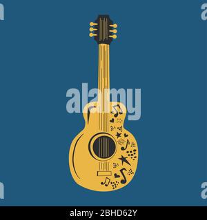 Chitarra acustica circondata da note, l'iscrizione Love Music, Country Music. Country Cowboy Music Festival Creative Event Live Event Poster Concept Illustrazione Vettoriale