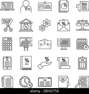 Icone di regolazione fiscale dello stato impostate. Contorno insieme di stato di imposta icone vettoriali per il web design isolato su sfondo bianco Illustrazione Vettoriale