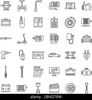 Icone di servizio di riparazione veicolo elettrico impostate. Schema insieme di icone vettoriali per il servizio di riparazione di veicoli elettrici per il web design isolato su sfondo bianco Illustrazione Vettoriale