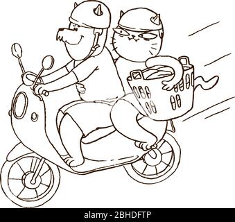 Due gatti cartoni animati in bicicletta con caschi e cesto di biancheria. Illustrazione divertente del profilo vettoriale. Pagina libro da colorare. Illustrazione Vettoriale