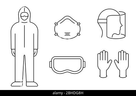 Set di icone della linea dell'apparecchiatura per la prevenzione del coronavirus. Tuta protettiva, maschera, guanti, occhiali, visiera. Contorno nero su sfondo bianco. PPE. Vettore Illustrazione Vettoriale