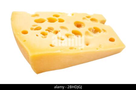 pezzo di formaggio svizzero semi-duro con fori ritagliati su fondo bianco Foto Stock