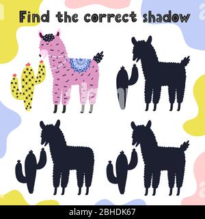 Trova il gioco d'ombra corretto per i bambini con un lama carino Illustrazione Vettoriale