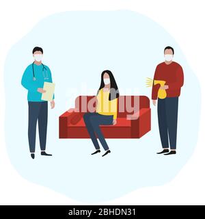 Donna siede a casa sul divano in una maschera medica è malato e un medico è in piedi vicino. Illustrazione alla moda, design piatto. Pandemico e. Illustrazione Vettoriale