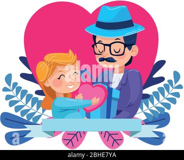 giovane padre con piccola figlia in cornice floreale cuore Illustrazione Vettoriale