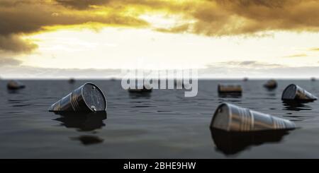 Barili di petrolio che galleggiano sul mare di petrolio. Concetto di crisi dell'industria petrolifera. illustrazione 3d Foto Stock