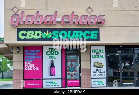 Global Chaos CBD Fonte negozio di marijuana medica su Jones Rd a Houston, Texas. Fondata nel 1997, vende marijuana, olio CBD e prodotti di canapa. Foto Stock
