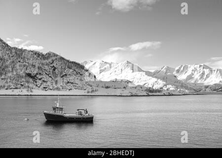 Paesaggio costiero monocromatico o bianco e nero fuori dal villaggio di Oksfjord nel comune di Loppa nella contea di Finnmark, Norvegia Foto Stock